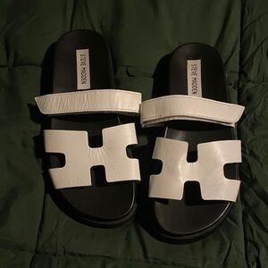 Steve Madden Black and White Double-Strap Slide Sandals